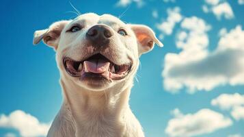 Upward-facing shot of a happy dog with a bright blue sky dotted with fluffy white clouds in the background, looking enthusiastic and cheerful. photo