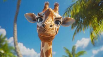 Cartoon giraffe portrait against a bright blue sky with palm trees, creating a whimsical and cheerful tropical scene. photo
