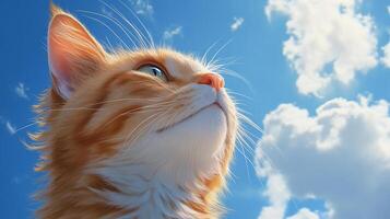 Ginger cat gazing toward a bright blue sky filled with fluffy white clouds, rendered in a style reminiscent of classic animation. photo