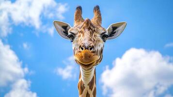 Giraffe portrait against a blue sky with fluffy clouds. Close-up of an animal with striking patterns and curious expression. photo