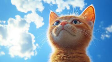 Ginger kitten gazes up at the sky, fluffy and curious, against a backdrop of bright blue skies and puffy white clouds. photo