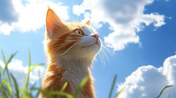 Ginger kitten gazes towards the sun with a vibrant blue sky and fluffy clouds in the background, creating a serene and uplifting atmosphere. photo