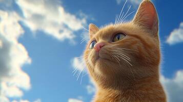 A ginger cat gazes upwards towards a blue sky dotted with fluffy white clouds, creating a serene and picturesque scene. photo