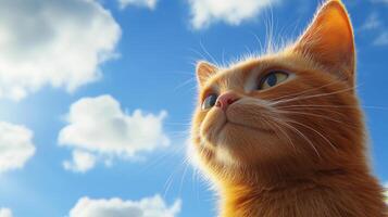 Ginger cat gazes optimistically at a sky filled with fluffy clouds on a bright, sunny day. Its fur glows in the sunlight. photo
