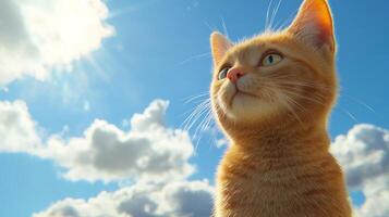 A golden cat gazes upwards against a vibrant blue sky, a portrait of feline curiosity set against a backdrop of fluffy white clouds. photo