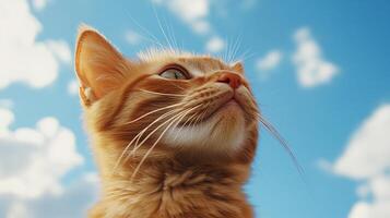 An orange tabby cat gazing upwards at a bright blue sky dotted with fluffy white clouds, capturing a moment of feline curiosity and wonder. photo