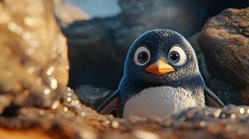 A cartoon penguin peeks out from rocky terrain with wide, curious eyes and a bright orange beak, looking directly at the viewer. photo