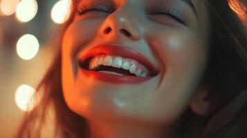 Radiant joy illuminates the face, eyes closed, a bright smile, in a warm light. The season's charm is reflected in every angle. photo