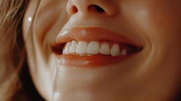 Close up of beautiful glossy lips and smile showcasing healthy teeth and skin, reflecting natural light and positivity. Beauty concept photo