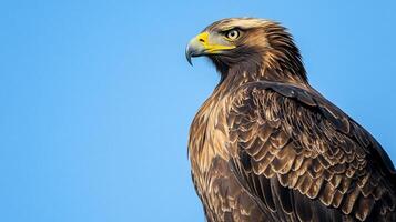 Majestic eagle portrait with piercing gaze, golden plumage, and sharp beak against a clear blue sky. A symbol of freedom and power. photo