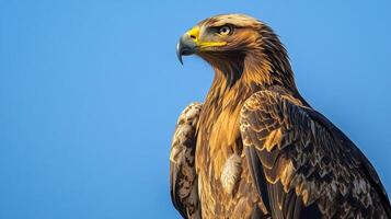 Majestic golden eagle portrait. Its piercing gaze and regal plumage showcase the beauty and power of this apex predator in the blue sky. photo