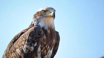 Majestic bird of prey against a clear blue sky. Sharp eyes and beautiful feathers make for a stunning portrait of nature's prowess. photo