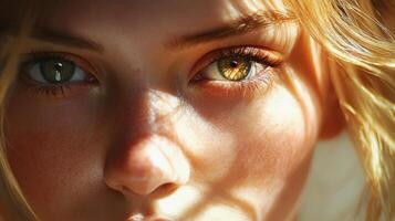 Close-up of a person's face bathed in soft, dappled light, showcasing unique heterochromia eyes with an artistic flair and natural complexion. photo