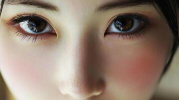 Close-up of a person's face, emphasizing clear, bright eyes with subtle makeup and pink blush. The focus is on natural beauty and skincare. photo
