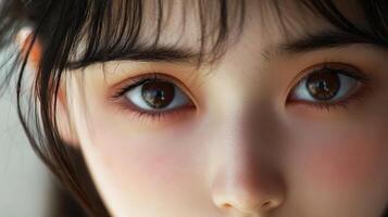 A close-up showcases symmetrical face details with soft lighting, highlighting clear skin, expressive eyes, and delicate features. photo