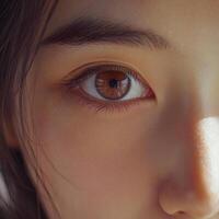 Close up of a captivating brown eye, highlighting intricate details and warm hues under gentle lighting, conveying depth and emotion. photo