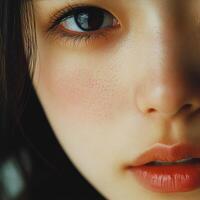 Close-up of a woman's face, showcasing natural beauty, clear skin, and a focused gaze, emphasizing her captivating eye and subtle lip color. photo