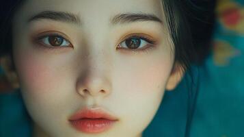 Close-up portrait of a woman showcasing detailed facial features, clear skin, and warm, inviting eye contact, creating a sense of intimacy. photo