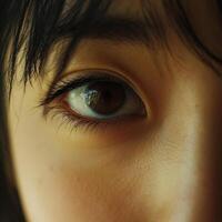 Captivating eye with dark lashes, reflecting light, framed by soft skin and dark hair. Close-up of a captivating gaze, highlighting the details. photo