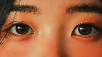 An intimate close-up of a person's face, focusing on the detailed features of their eyes and eyebrows with a soft, realistic texture. photo