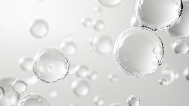 Floating spheres of clear liquid against a soft white backdrop, capturing a sense of purity and scientific precision. Soft shadows add depth. photo