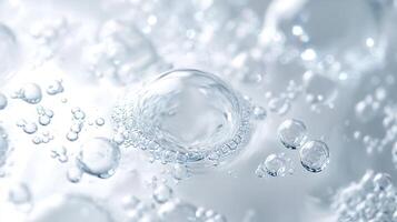 Macro view of glistening water bubbles, emphasizing purity and freshness, ideal for beauty or cleanliness concepts, hygiene promotion. photo