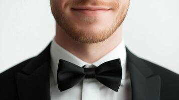 Close-up of a man's torso wearing a black bow tie and a suit jacket against a plain background, suggesting formal attire and elegance. photo