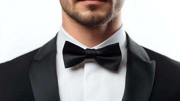 Close-up of a man in a black tuxedo and bow tie against a white background, conveying elegance and formal attire. photo