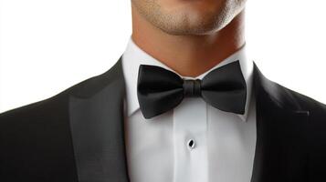 Close up of a man in a tuxedo with a bow tie. The white shirt is buttoned and the jacket is a dark color. Very classy and formal. photo