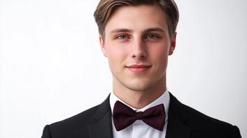 Portrait of a formally dressed man with an elegant bow tie, radiating sophistication and style in a minimalist setting against a white backdrop. photo