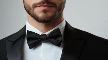A sophisticated man in a black tuxedo and bow tie evokes timeless elegance and formal attire. The crisp white shirt adds a touch of refinement. photo
