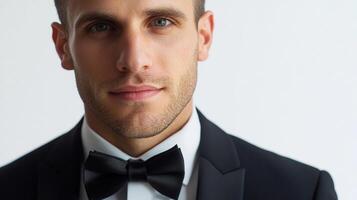 Portrait of a handsome man in a sophisticated black suit with a bow tie, posing against a neutral backdrop with a confident gaze. photo