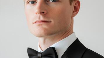 Man in black tie formal wear portrait in front of a white background. Shot in studio lighting at a close-up angle. photo