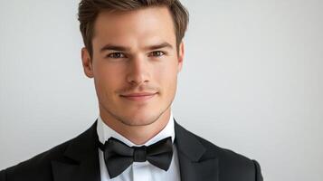 Dapper man in classic black bow tie and tuxedo for a formal occasion, looking elegant and composed. Confident pose against neutral backdrop. photo