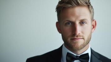 Portrait of an elegant man with a bow tie, stylish hair, and a confident expression, set against a plain backdrop. photo