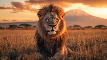 Majestic lion portrait against a serene savanna backdrop, basking in the warm light of the setting sun. Wild beauty captured forever. photo