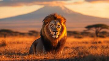 Majestic lion portrait with golden mane, against a backdrop of mountain and savanna bathed in warm light during sunrise. Serene and powerful. photo