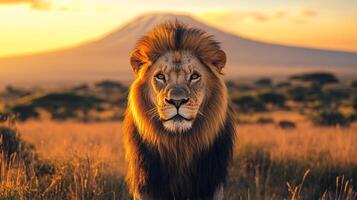 Majestic lion gazes at the camera with a mountain backdrop, bathed in golden light during the African sunset, capturing its beauty. photo