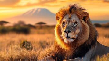 Majestic lion surveys his savanna domain against a backdrop of golden light and distant mountains. photo