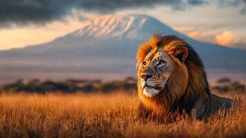 Majestic lion surveys the savanna at dawn. Golden light illuminates the King of Beasts against the backdrop of an African peak. photo
