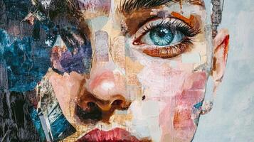 Abstract portrait of a woman, featuring a vibrant color palette and unique collage-style textures, capturing emotion through artistic expression. photo