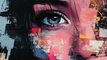 Abstract portrait featuring vibrant colors and expressive brushstrokes, highlighting a striking eye with intense gaze, artistic expression. photo
