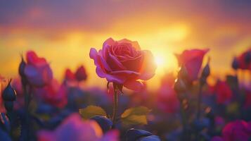 A beautiful pink rose stands tall in a field as the sun sets behind it, creating a warm and dreamy atmosphere. Petals glow brightly photo