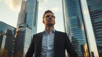 Ambitious businessman gazes upward, surrounded by towering skyscrapers. Success and determination in urban landscape, modern business. photo