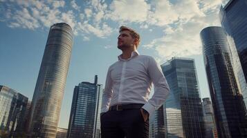 Confident man in city center gazes optimistically skyward amidst modern architecture on a bright day of sunshine. Great leadership qualities. photo