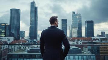 Confident executive overlooks the cityscape from a high-rise balcony, embodying success and vision in a powerful visual statement. photo