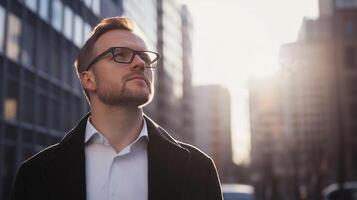 Man gazes upward in urban setting. Focused expression, illuminated by sunlight, city backdrop. He is wearing glasses and a dark coat. photo