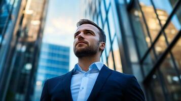 Confident businessman gazing upwards in a suit, standing in the city center surrounded by high-rise buildings, looking towards the future. photo