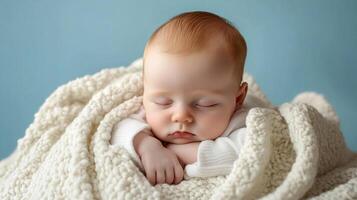 Peaceful slumber of a baby swaddled in a soft, fluffy blanket, set against a calming blue backdrop, creating a serene and heartwarming scene. photo