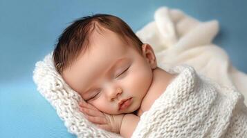 A serene image of a baby peacefully sleeping, wrapped snugly in a white knitted blanket against a soft blue background. Innocence captured. photo